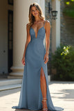 Champagne Spaghetti Straps Applique Sheath Prom Dress with Slit