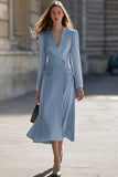 Sky Blue Midi Peak Lapel Pencil One Button Blazer Dress with Sleeves