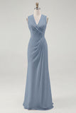 White Sheath V-Neck Ruched Maxi Chiffon Rehearsal Dinner Dress