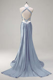 Pink Beaded Corset Satin Mermaid Sweep Train Prom Dress