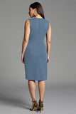 Navy Satin Bodycon V-Neck Midi Work Dress with Sash