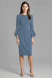 Navy Satin Midi Bodycon Work Dress with Long Sleeves
