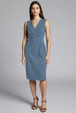 Navy Bodycon Satin V-Neck Midi Work Dress