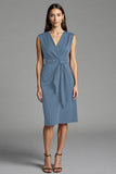 Navy Satin Bodycon V-Neck Midi Work Dress with Sash