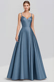 Black A Line Satin Spaghetti Straps Maxi Formal Dress