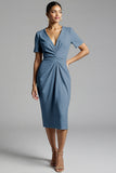 Champagne V-Neck Bodycon Midi Satin Work Dress with Sleeves