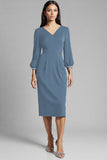 Navy Satin Bodycon V-Neck Midi Work Dress