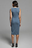 Grey Bodycon Ruched Satin Midi Work Dress with Slit