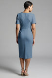 Champagne V-Neck Bodycon Midi Satin Work Dress with Sleeves
