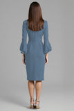Navy Satin Midi Bodycon Work Dress with Long Sleeves