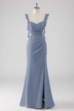 Dusty Blue Sheath Ruffled Maxi Bridesmaid Dress with Slit