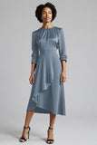 Plum Satin Ruched A Line Midi Work Dress with Sleeves
