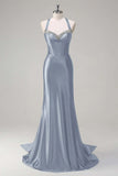 Pink Beaded Corset Satin Mermaid Sweep Train Prom Dress