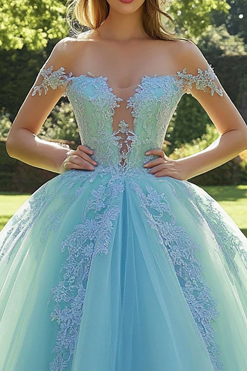 Maxi Off the Shoulder Mint Appliqued Ball Gown Tulle Quinceañera Dress