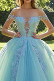 Maxi Off the Shoulder Mint Appliqued Ball Gown Tulle Quinceañera Dress