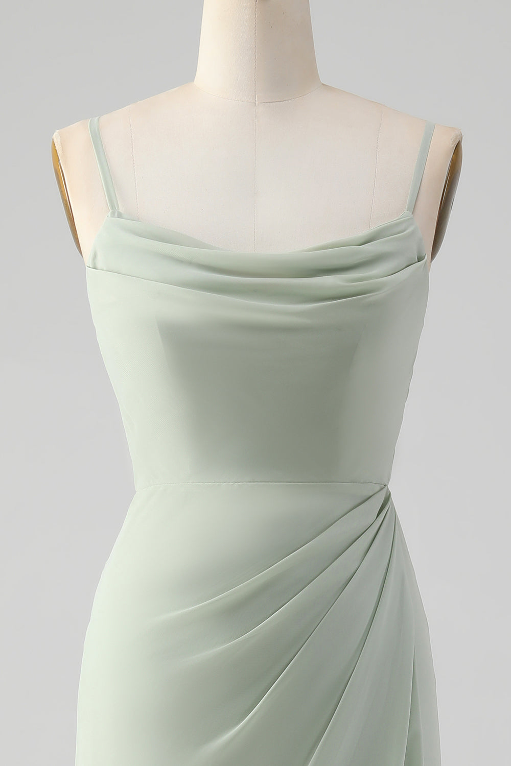 Elegant Matcha A Line Spaghetti Straps Satin Long Bridesmaid Dress with Slit