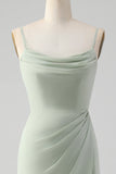 Elegant Matcha A Line Spaghetti Straps Satin Long Bridesmaid Dress with Slit