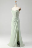 Elegant Matcha A Line Spaghetti Straps Satin Long Bridesmaid Dress with Slit