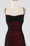 Black Red Sheath Spaghetti Straps Criss Cross Back Bridesmaid Dress with Slit