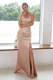 Burgundy Sheath V Neck Satin Long Bridesmaid Dress With Split