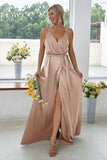 Dark Green Backless V-Neck Long Bridesmaid Dress With Side Slit