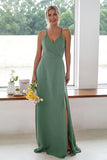 Burgundy A Line Long Bridesmaid Dress With Slit