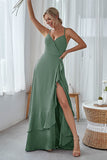 Slate Blue A Line Ruffles Long Bridesmaid Dress With Split