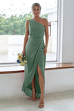 Rust One Shoulder Satin Long Asymmetrical Bridesmaid Dress