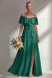 A Line Burgundy Ruffed Off the Shoulder Long Bridesmaid Dress with Slit