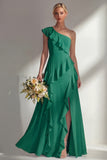 Emerald A Line Ruffled One Shoulder Long Bridesmaid Dress with Slit