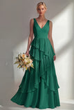 Sea Glass V Neck Ruffled Sleeveless Long Bridesmaid Dress