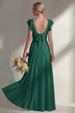 A Line Round Neck Ruffled Dusty Blue Long Bridesmaid Dress