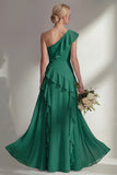 Light Pink One Shoulder Ruffled Long Bridesmaid Dress with Slit