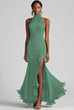 Terracotta Halter Sheath Ruffle Formal Dress with Slit