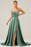 A Line Satin Dusty Blue Spaghetti Straps Prom Dress with Slit