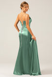 Dusty Blue Mermaid Spaghetti Straps Lace-up Back Prom Dress with Slit