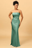 Dark Navy Satin Mermaid Strapless Bridesmaid Dress