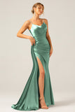 Dusty Blue Mermaid Spaghetti Straps Lace-up Back Prom Dress with Slit