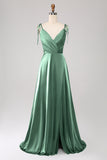 Dusty Rose A-Line Spaghetti Straps Satin Long Prom Dress With Slit