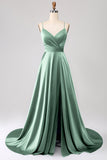 Dusty Blue A Line Spaghetti Straps Satin Prom Dress with Slit