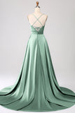 Dusty Blue A Line Spaghetti Straps Satin Prom Dress with Slit