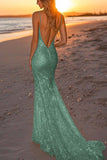 Sparkly Dusty Sage Sequined Spaghetti Straps Mermaid Formal Dress