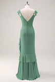 Dusty Sage V-Neck Mermaid Chiffon Bridesmaid Dress with Ruffles
