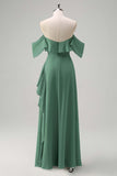 Light Green Ruffled Off The Shoulder Chiffon Bridesmaid Dress with Slit