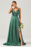 Dusty Rose A-Line Spaghetti Straps Satin Long Bridesmaid Dress With Slit