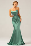 Dusty Blue Mermaid Satin Spaghetti Straps Long Bridesmaid Dress
