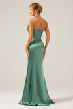 Dusty Blue Mermaid Satin Spaghetti Straps Long Bridesmaid Dress