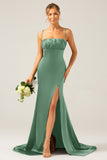 Dusty Rose Long Sheath Spaghetti Straps Bridesmaid Dress With Slit