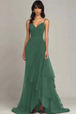 Ink Blue Spaghetti Straps Ruched Chiffon Maxi Formal Dress with Ruffles