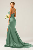 Dusty Rose Long Sheath Spaghetti Straps Bridesmaid Dress With Slit